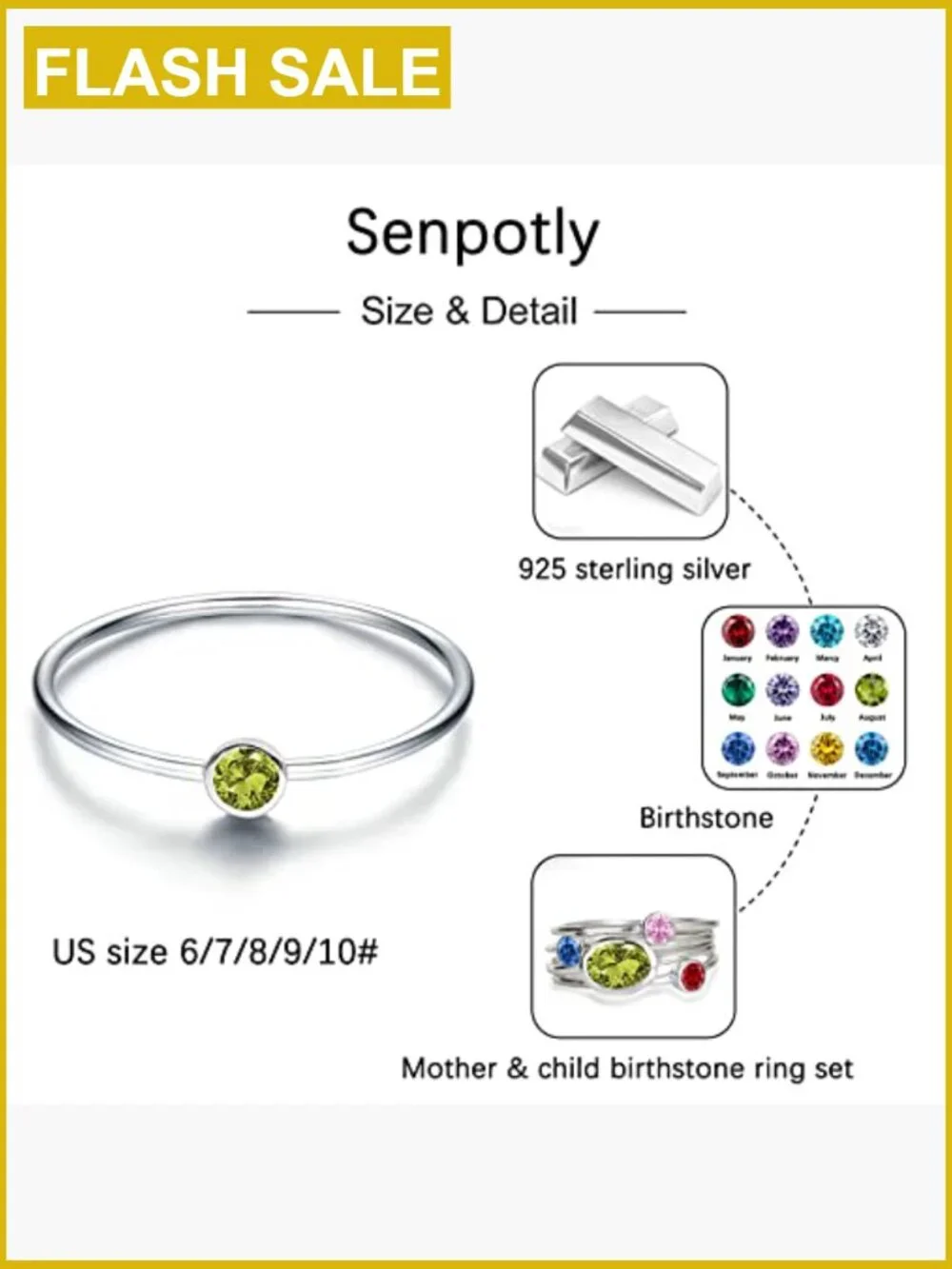925 Sterling Silver Mother Daughter Birthstone Ring Set Stackable Family Jewelry